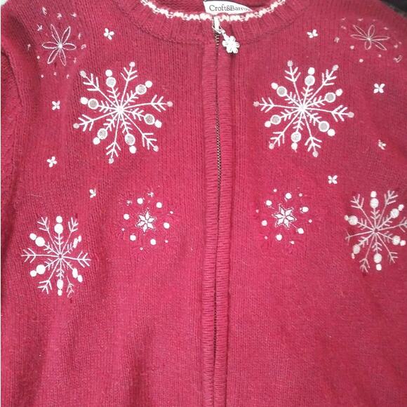 Croft & Barrow Cranberry Snowflake Holiday Zip Front Knit Grandma Cardigan Sz XL - Picture 4 of 8